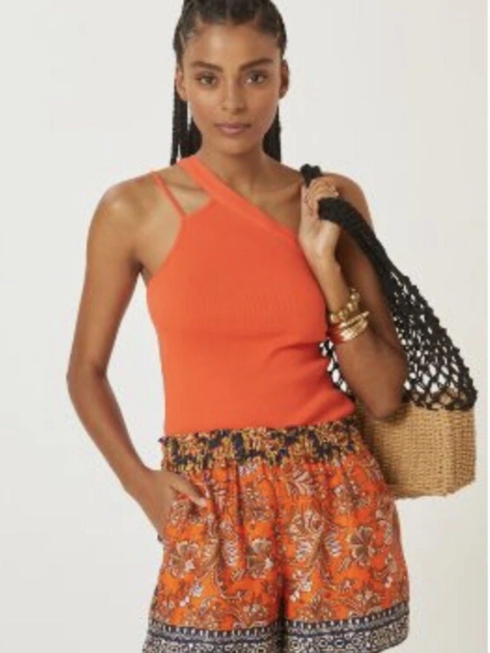 Maeve One-Shoulder Orange Ribbed Tank Top- size M